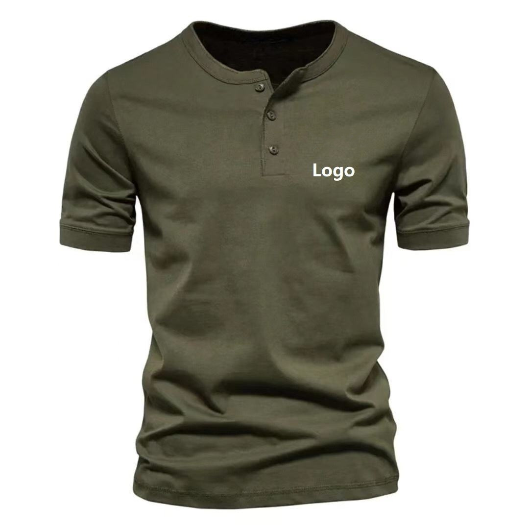 OEM Custom High Quality Three Button 220gsm Bamboo Cotton T-shirt Oversize Plain Round Neck T-shirt for Men