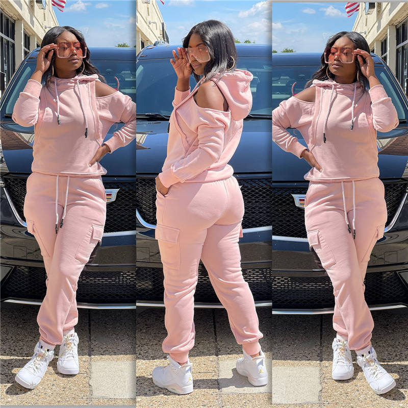 OEM Sweatsuit Women's Long Sleeve Hoodie Off Shoulder Sweatshirt  Cargo Pants Sweatpants 2 Piece Set Women Jogging Suit