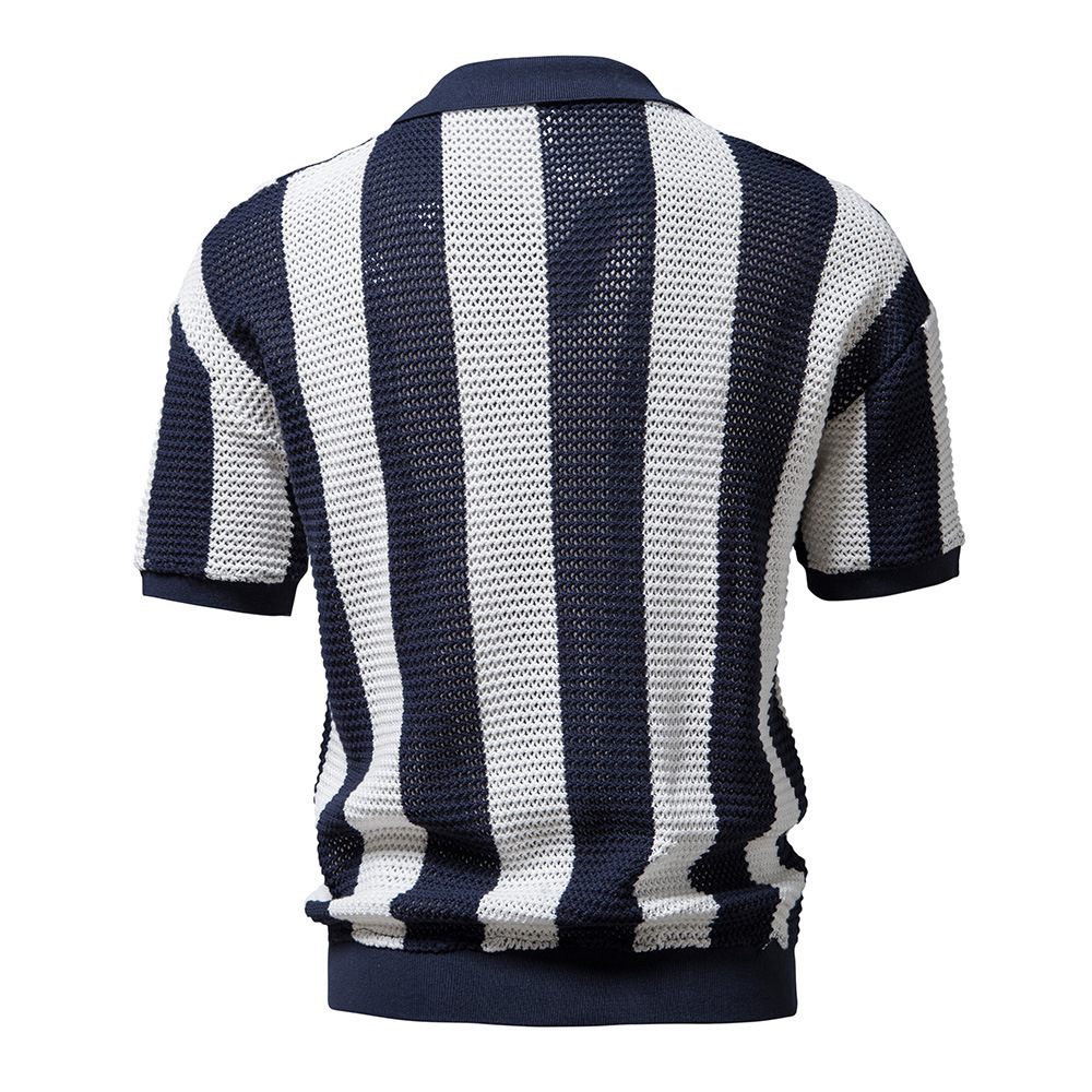 Summer Hot Sales Hollow Short Sleeve Fishing Net Casual Fashion Men's Striped T Shirt Custom Logo