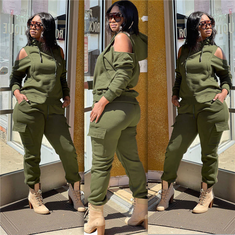 OEM Sweatsuit Women's Long Sleeve Hoodie Off Shoulder Sweatshirt  Cargo Pants Sweatpants 2 Piece Set Women Jogging Suit