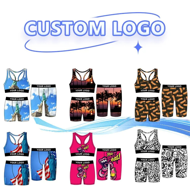 2023 Custom Logo Polyester High Waist Women Sprt Bra Short Underwear Men's Briefs & Boxers Couple suit