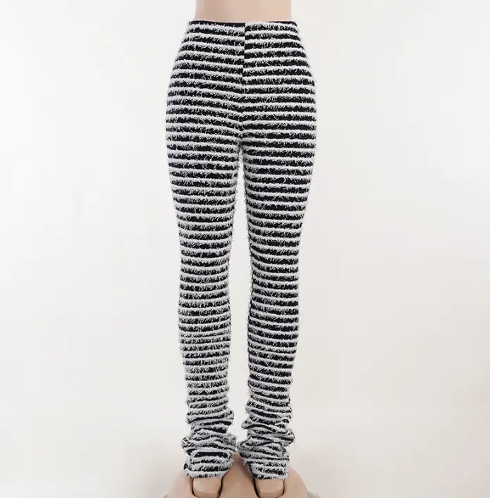 Y2K stacked fuzzy pants 2022 fall streetwear high waist fit slim  white black Contrast Stripe Stacked Ruched Long Pants