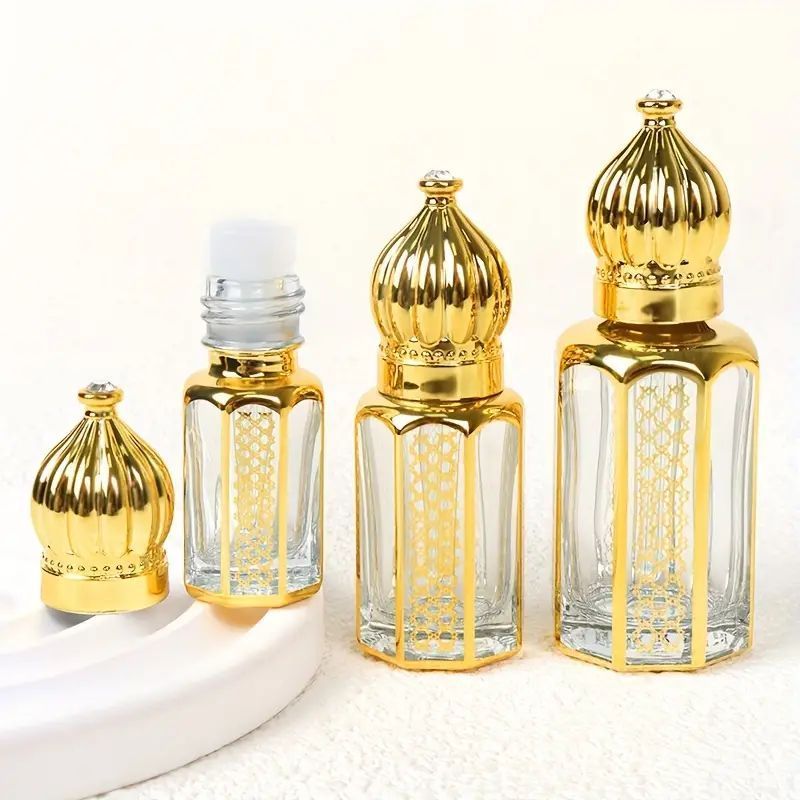 Customized UV Printing Luxury Arabian Perfume Bottle Musk Glass Essential Oud Oil Plastic Cap 3ML 6ML 12ML Fancy Attar Bottles