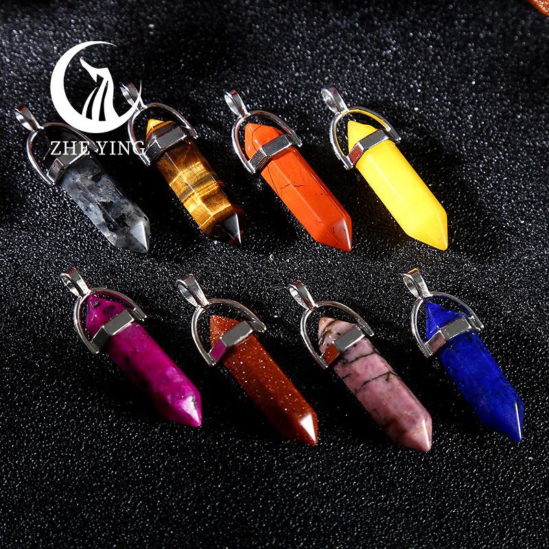 Zhe Ying quartz pendulum hexagonal column crystal pendant point double pointed quartz pendant stone beads natural stone pendant