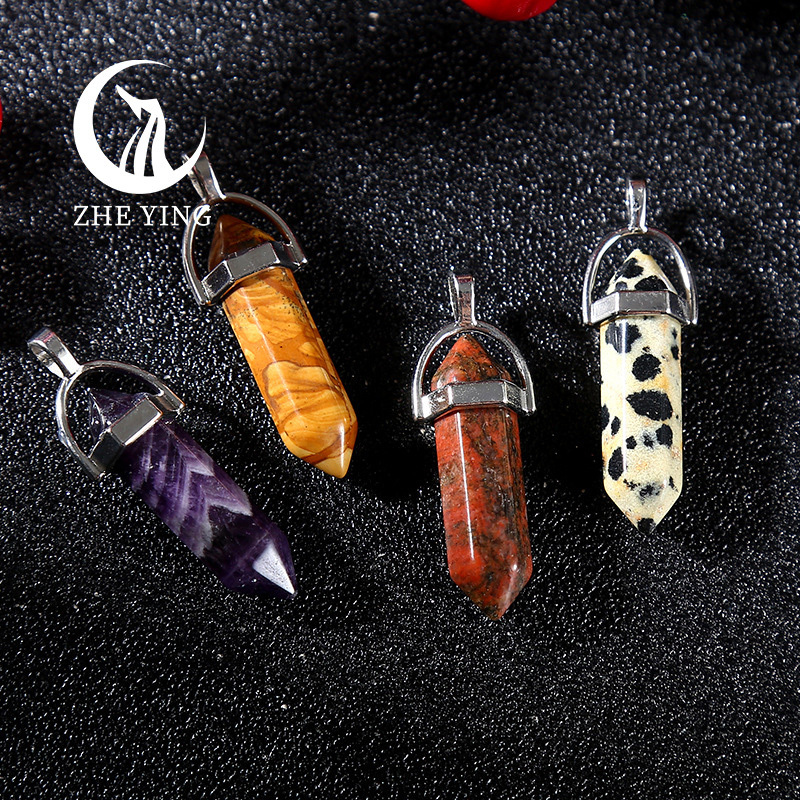 Zhe Ying quartz pendulum hexagonal column crystal pendant point double pointed quartz pendant stone beads natural stone pendant