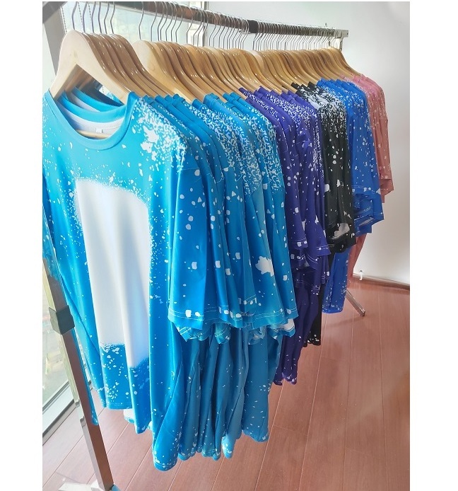 Bleached sublimation shirts blanks t-shirt 100% polyester bleached tye dye t shirts faux bleach shirt for sublimation