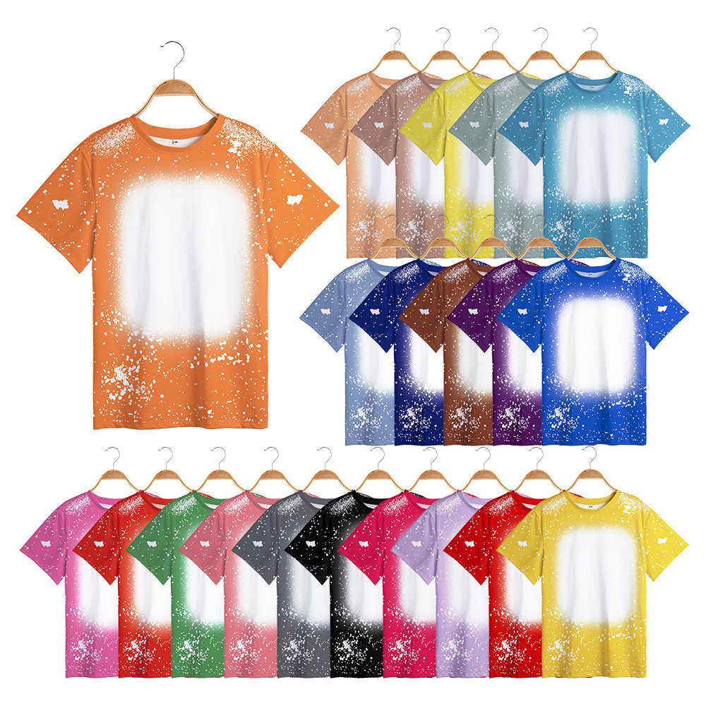 Bleached sublimation shirts blanks t-shirt 100% polyester bleached tye dye t shirts faux bleach shirt for sublimation