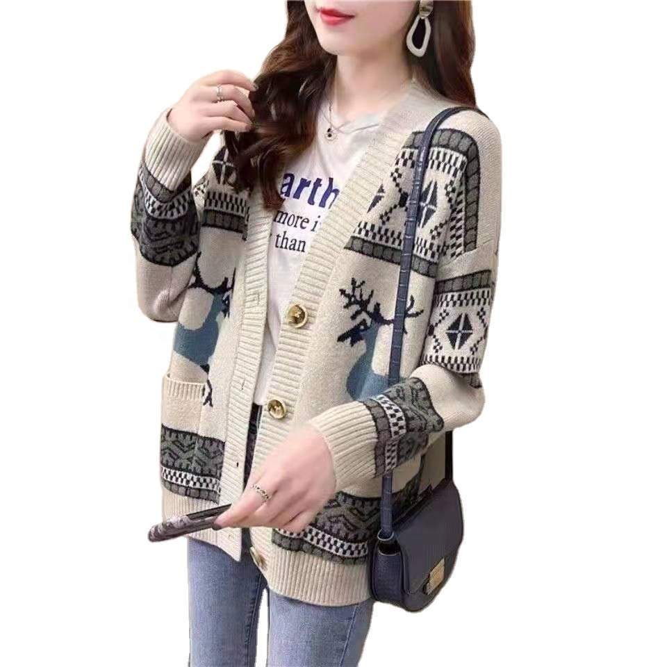 New Arrival girls v neck open chest long sleeve loose fit christmas cardigan