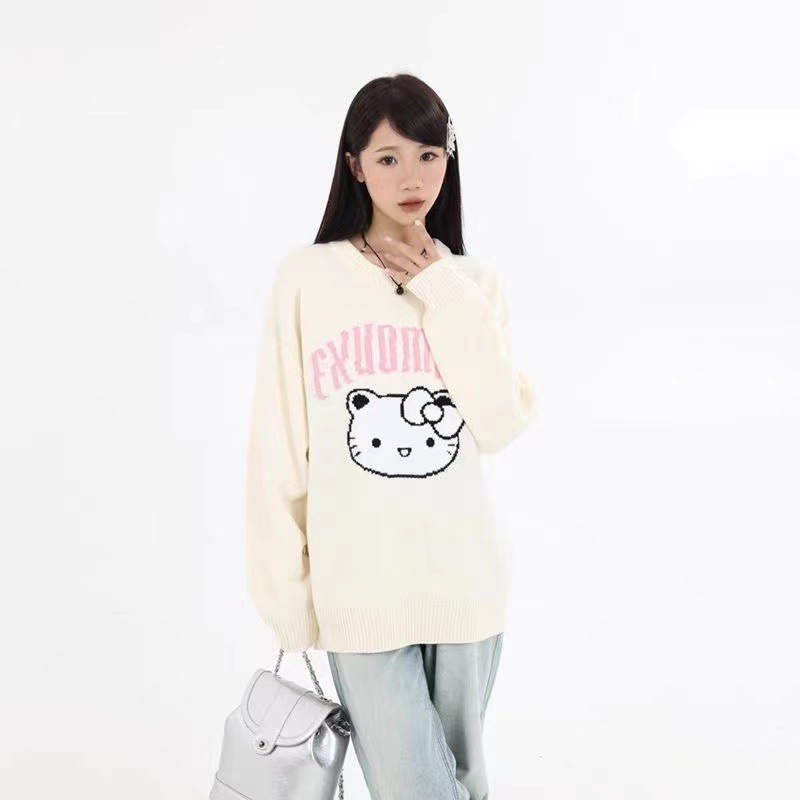 2023 autumn new girl crew-neck loose regular sleeve custom cute cat print long women's sweater