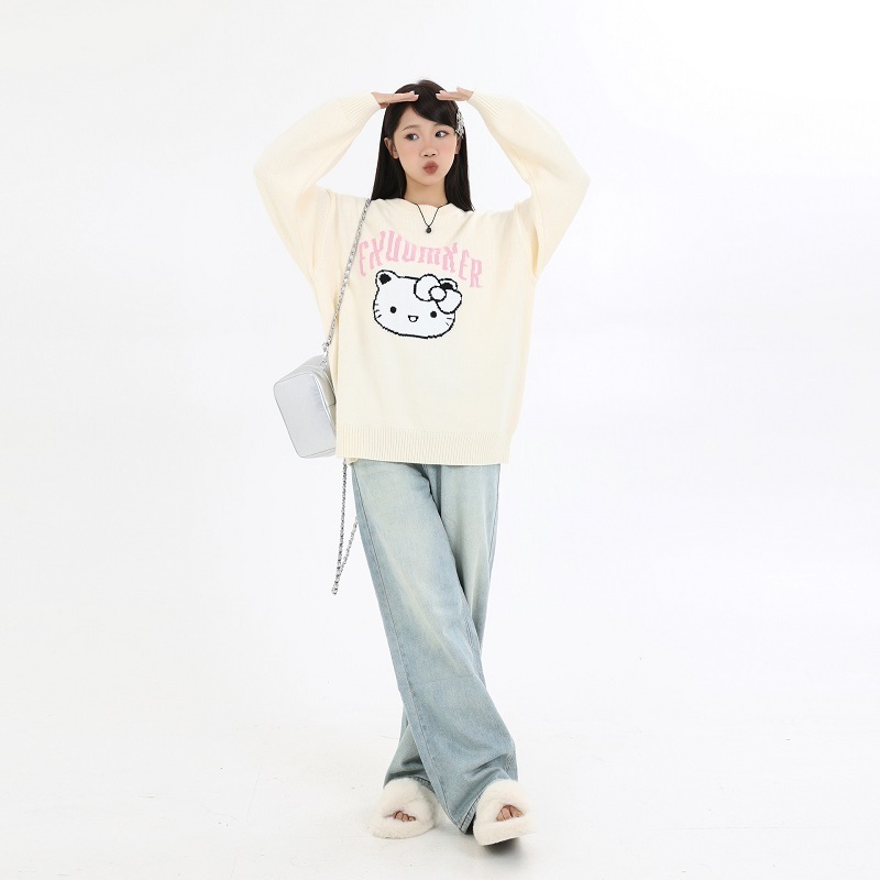 2023 autumn new girl crew-neck loose regular sleeve custom cute cat print long women's sweater