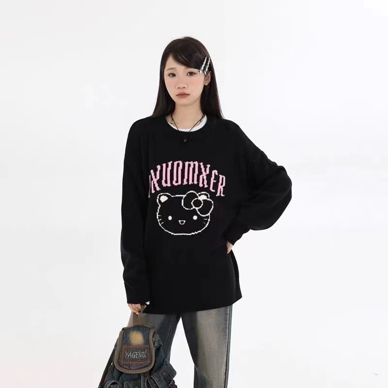 2023 autumn new girl crew-neck loose regular sleeve custom cute cat print long women's sweater