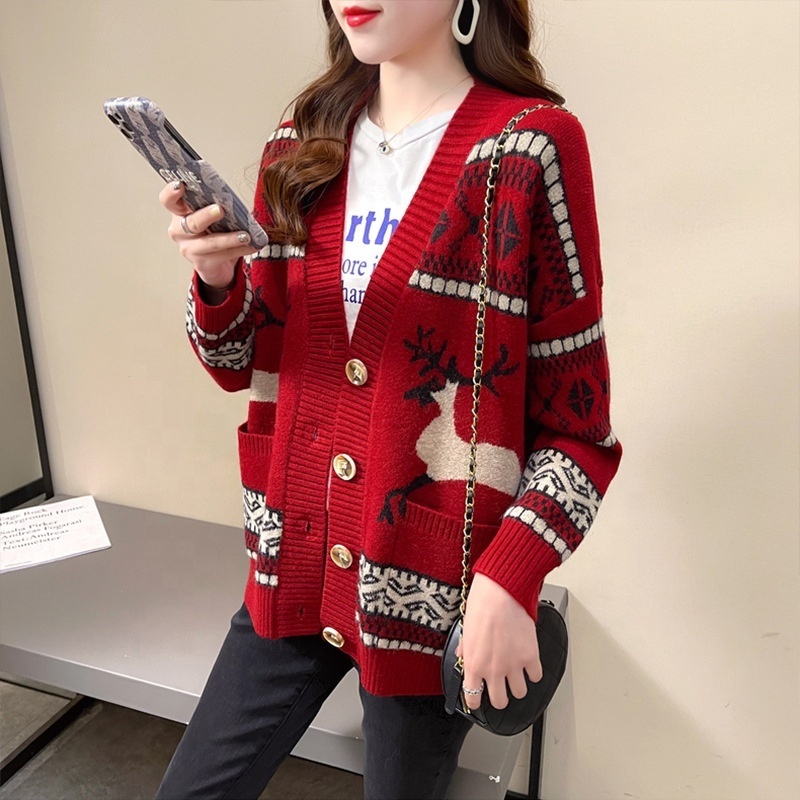 New Arrival girls v neck open chest long sleeve loose fit christmas cardigan