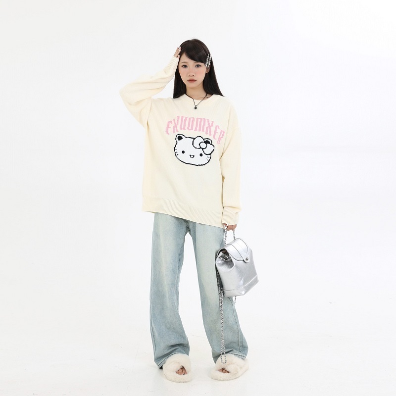 2023 autumn new girl crew-neck loose regular sleeve custom cute cat print long women's sweater