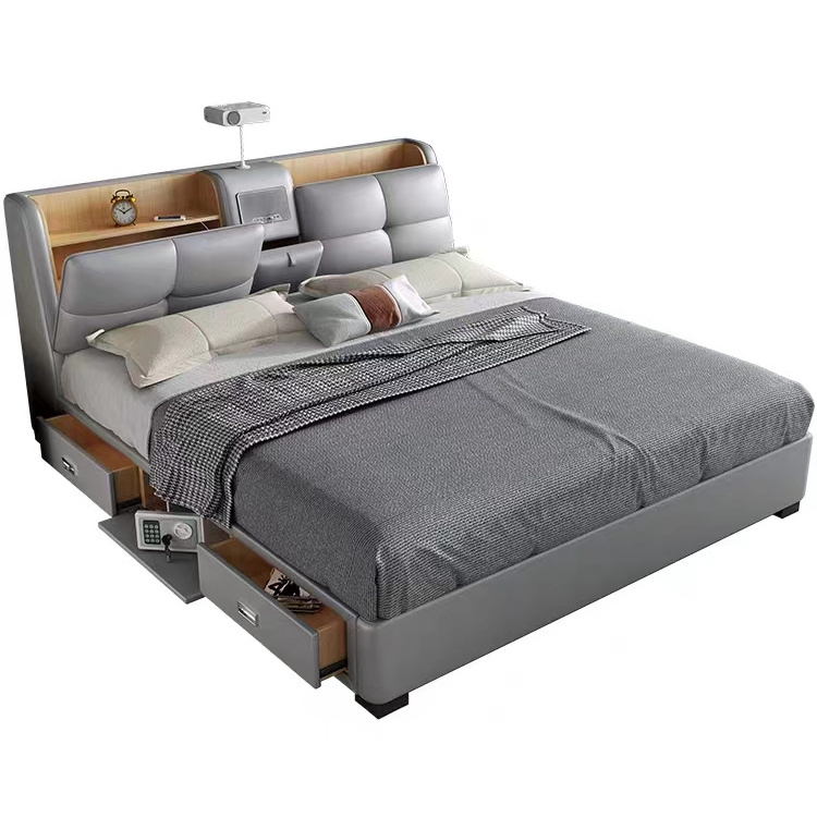 Multifunction bed Modern double up heated beds Bedroom furniture Leather smart bed king size