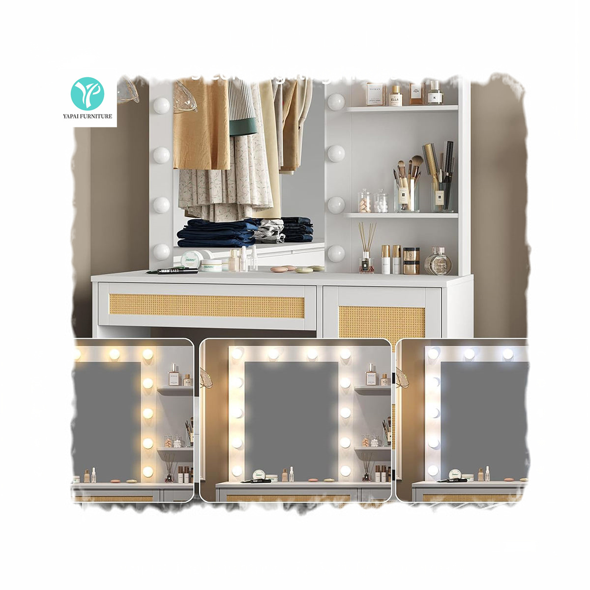 Factory Wholesale Bedroom Set Mirrored Led Light Mirror Rattan Dresser Tocador Make Up Coiffeuse Dressing Table Makeup Vanities