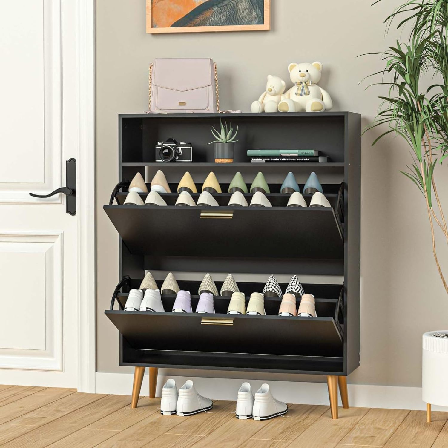 Shoe Storage Cabinet, Shoe Cabinet for Entryway with 3 Flip Drawers, Wood HiddenShoe Organizer for Hallway