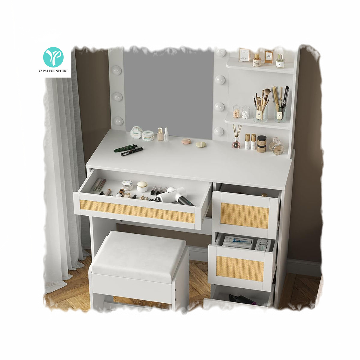 Factory Wholesale Bedroom Set Mirrored Led Light Mirror Rattan Dresser Tocador Make Up Coiffeuse Dressing Table Makeup Vanities