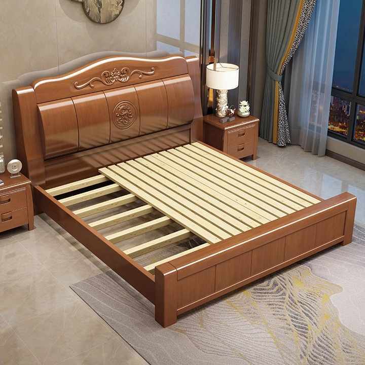 Solid Wood Bed King Chinese Modern Wooden Beds Bedroom Furniture Double Deluxe Queen Size Bed