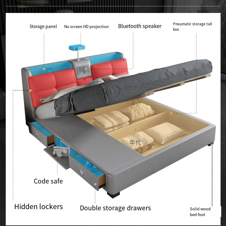 Multifunction bed Modern double up heated beds Bedroom furniture Leather smart bed king size