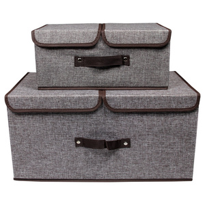 Wholesale Folding  Organizer 2 lids Storage Boxes with Handles Big Collapsible Cotton  Linen Fabric Storage Bin for Clothes