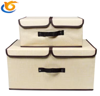 Wholesale Folding  Organizer 2 lids Storage Boxes with Handles Big Collapsible Cotton  Linen Fabric Storage Bin for Clothes