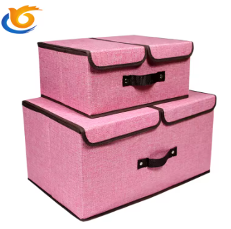 Wholesale Folding  Organizer 2 lids Storage Boxes with Handles Big Collapsible Cotton  Linen Fabric Storage Bin for Clothes