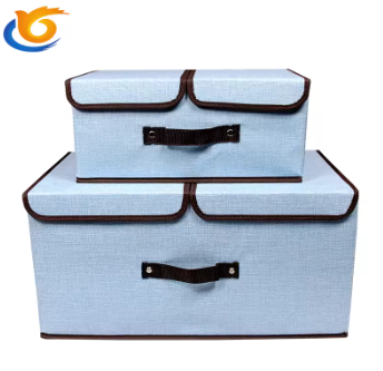 Wholesale Folding  Organizer 2 lids Storage Boxes with Handles Big Collapsible Cotton  Linen Fabric Storage Bin for Clothes