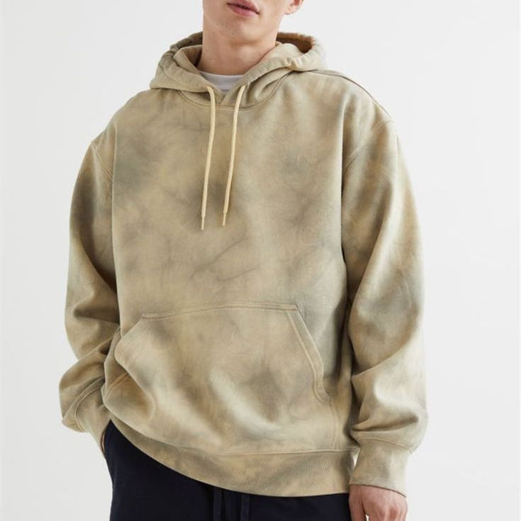 Vintage Fade Tan Hoodie for Men Heavyweight Cotton Streetwear Sweatshirt with Kangaroo Pouch Casual Fit