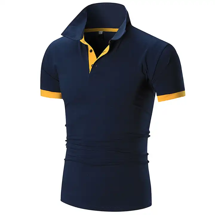 Navy Men's Polo Shirt with Contrast Collar - Stylish Yellow Trim for Casual & Office Wear Navy blue contrast collar men's polo