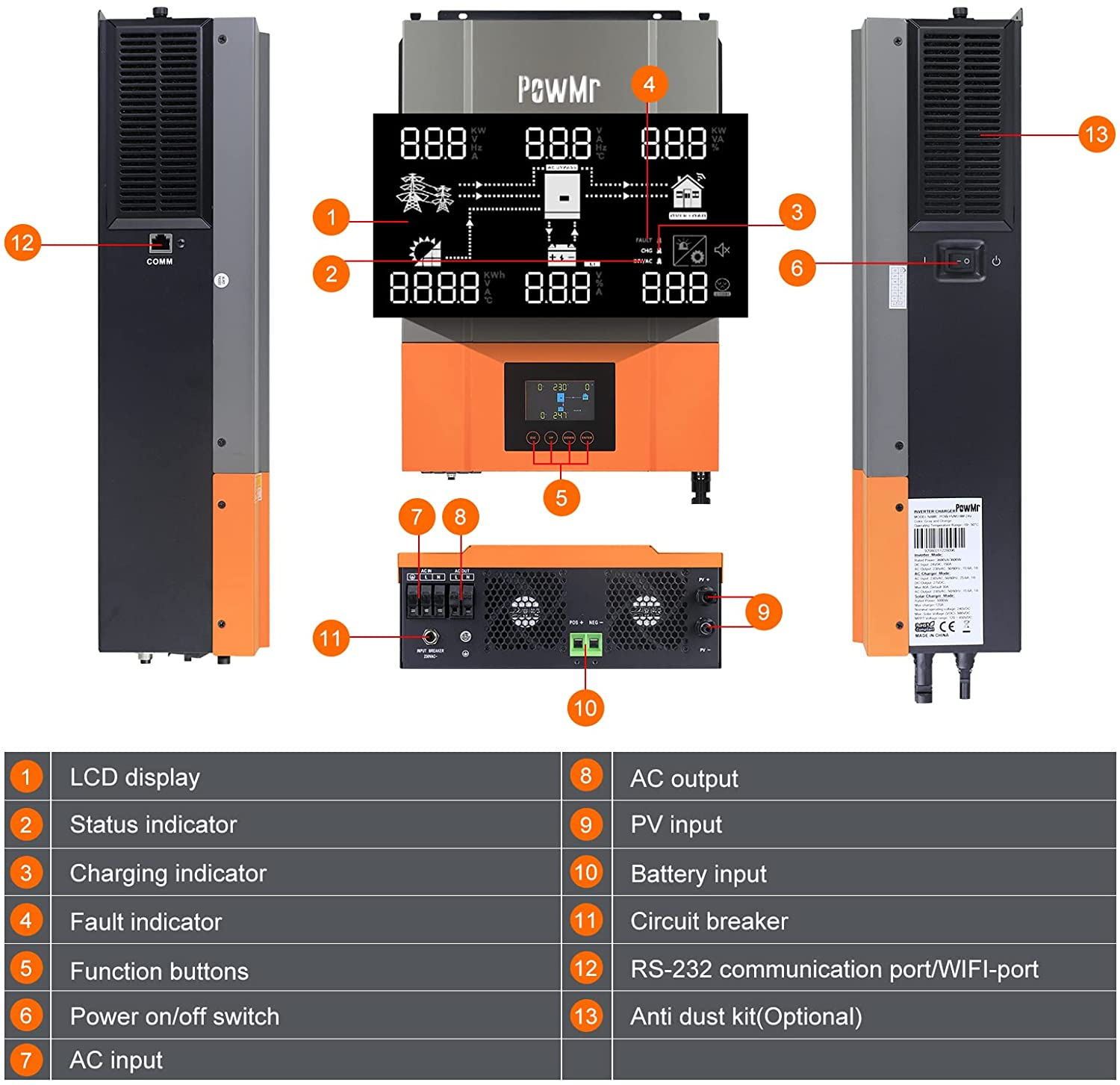 High Frequency 6.2KW 48V 220V Inverter Charger Built-in 120A MPPT Charge Controller Pure Sine Wave Hybrid Solar Inverter