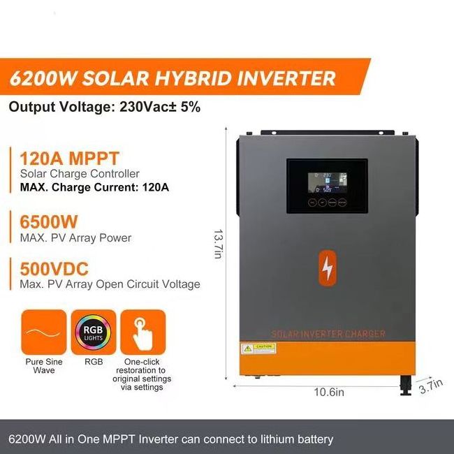 High Frequency 6.2KW 48V 220V Inverter Charger Built-in 120A MPPT Charge Controller Pure Sine Wave Hybrid Solar Inverter