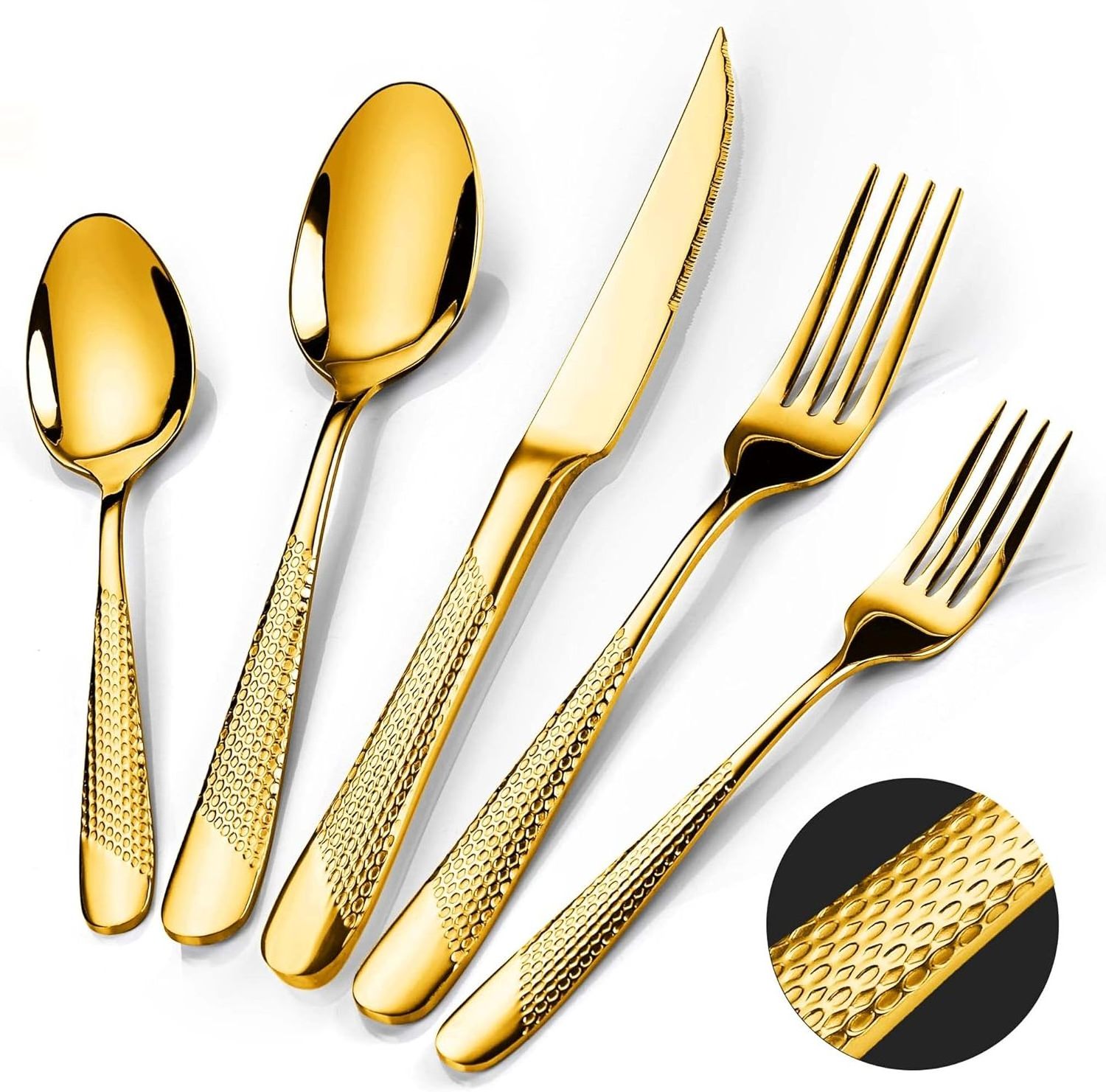 30 Pieces Hammered Stainless Steel Wedding Bulk Flatware Spoon and Fork Set Bulk Gold Flatware 18 Gold Silverware