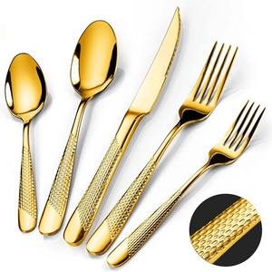 30 Pieces Hammered Stainless Steel Wedding Bulk Flatware Spoon and Fork Set Bulk Gold Flatware 18 Gold Silverware