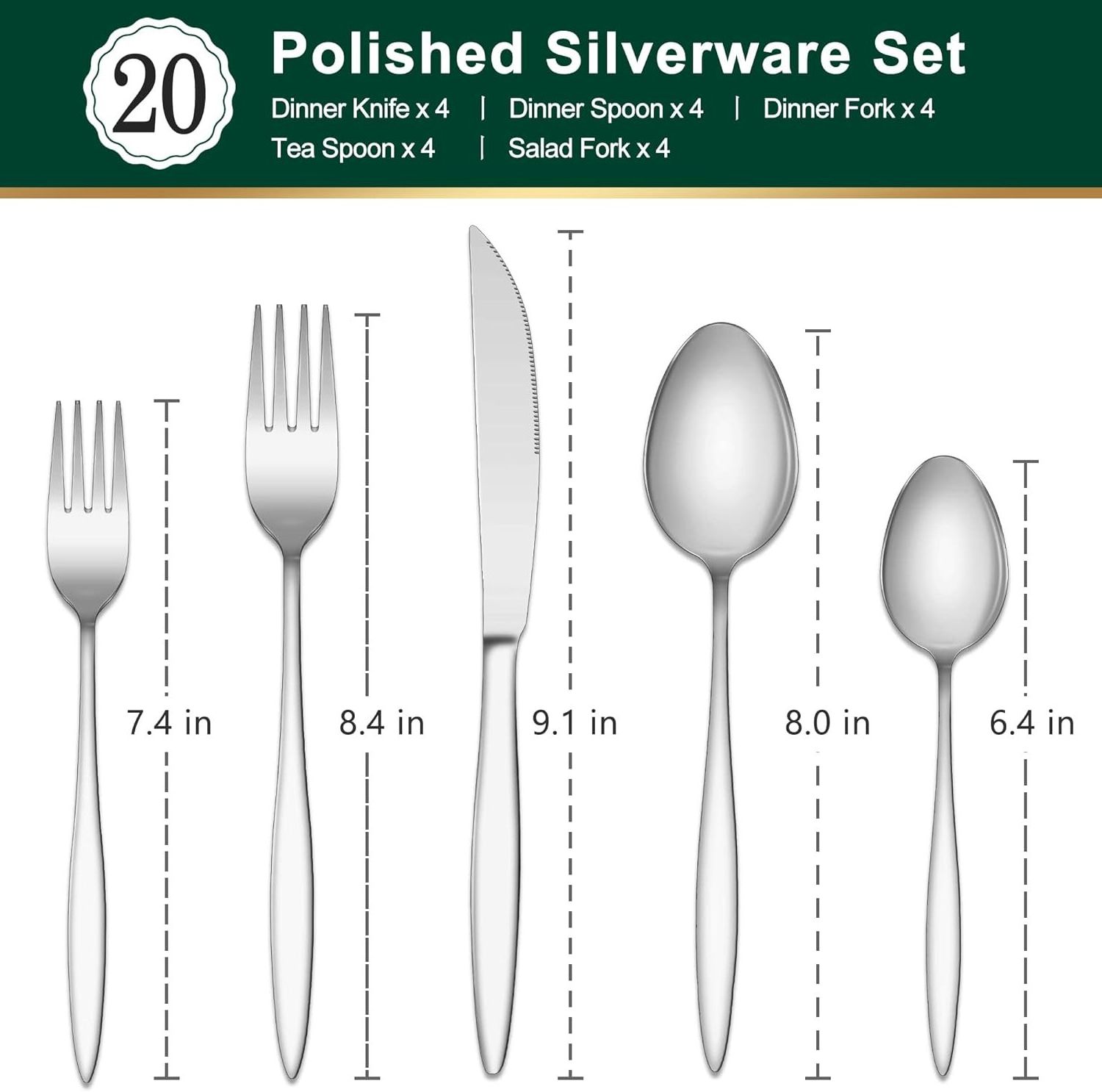 20-Piece Mirror Polish Cutlery Set Stainless Steel Silverware with Stainless Steel Cutlery Holder