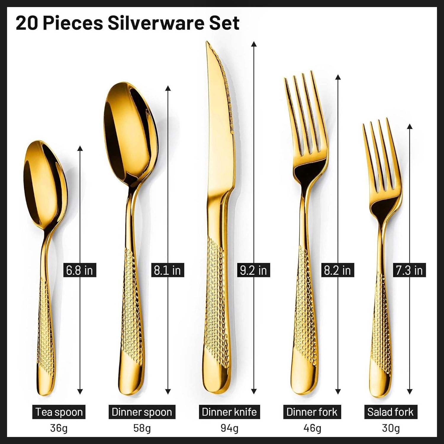 30 Pieces Hammered Stainless Steel Wedding Bulk Flatware Spoon and Fork Set Bulk Gold Flatware 18 Gold Silverware