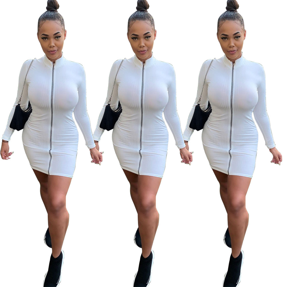 BN7121- New Arrival Sexy Mini Dress Casual Solid Color Zipper Bodycon One piece Skirt for Women Autumn Clothing