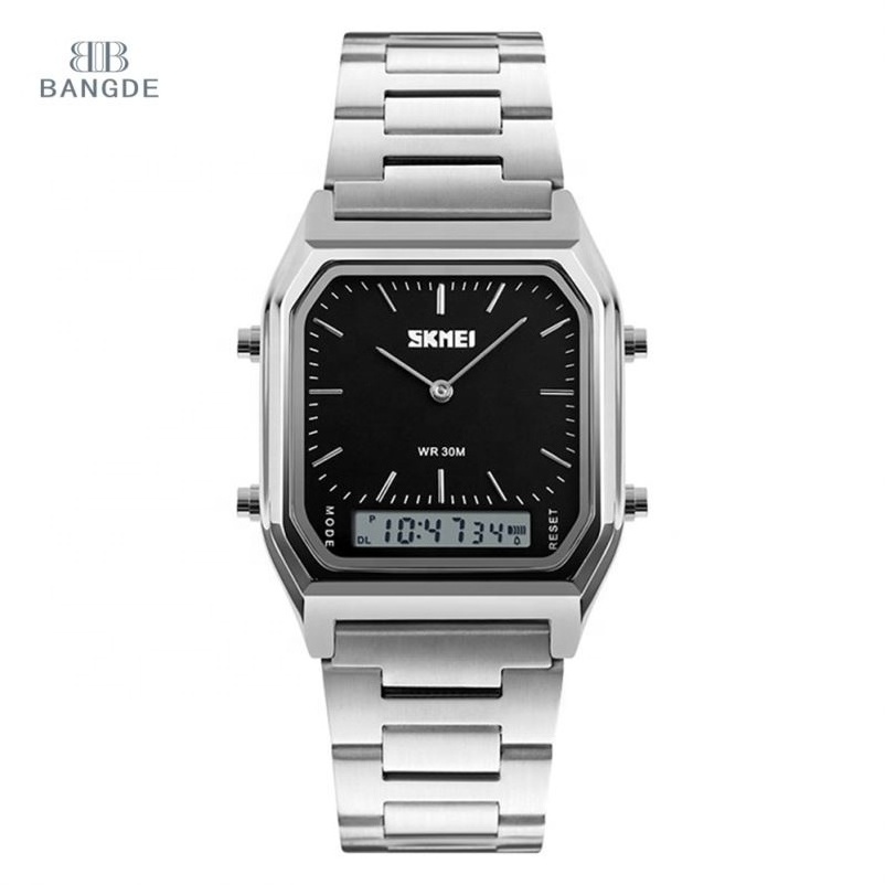 SKMEI 1220 New Display Fashion Watches Men Quartz Digital Dual Time Watch 3 Atm Stainless Steel Back Watch