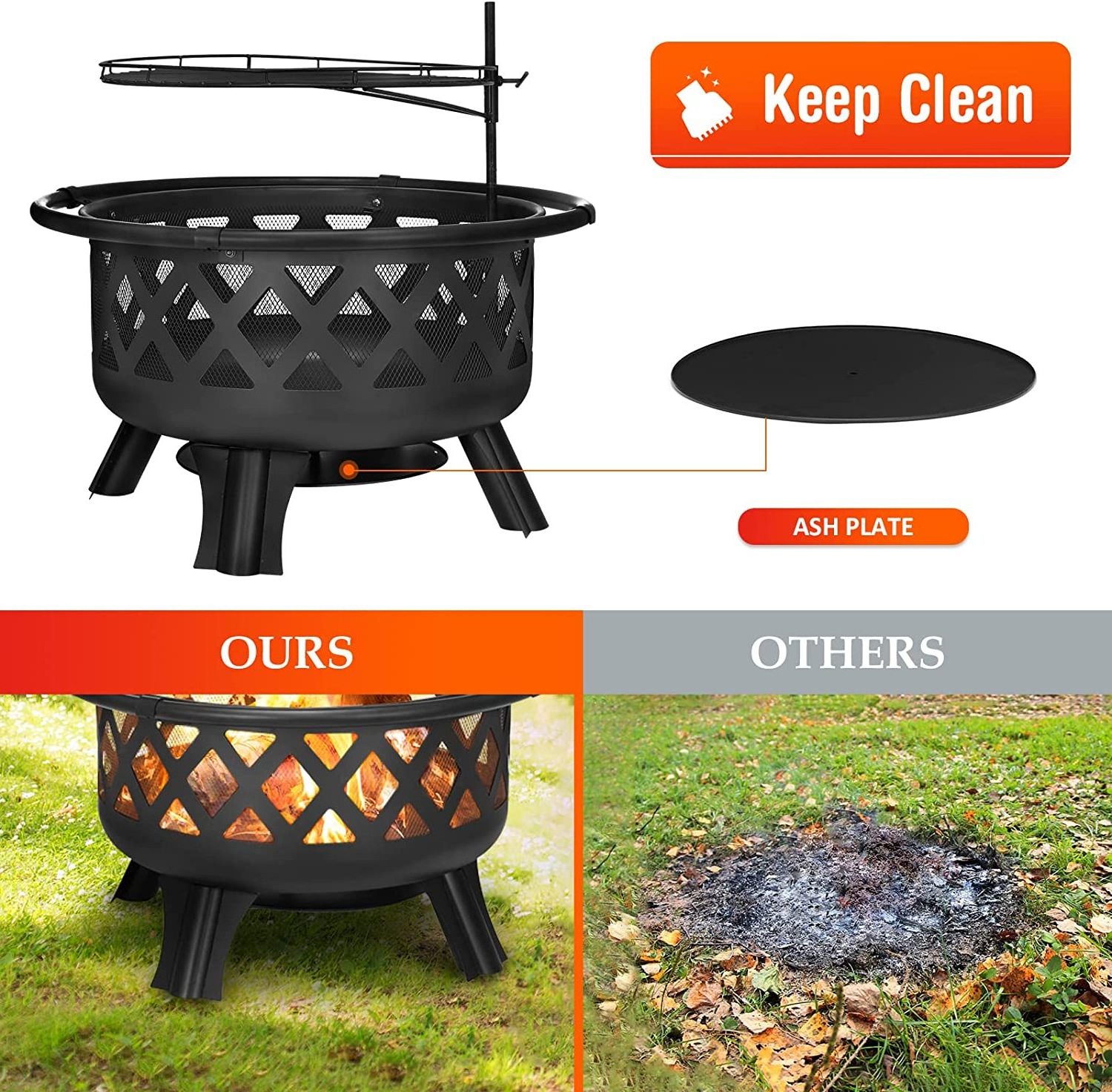 2 in 1 Fire Pit with Cooking Grate 30'' Wood Burning Firepit Outdoor Fire Pits Steel Patio Fire Bowl Outside Swivel BBQ Grill