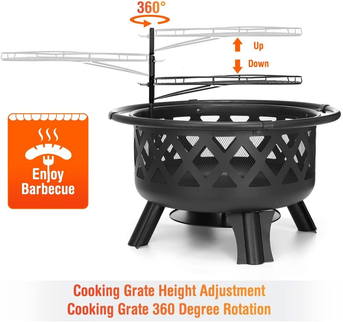 2 in 1 Fire Pit with Cooking Grate 30'' Wood Burning Firepit Outdoor Fire Pits Steel Patio Fire Bowl Outside Swivel BBQ Grill