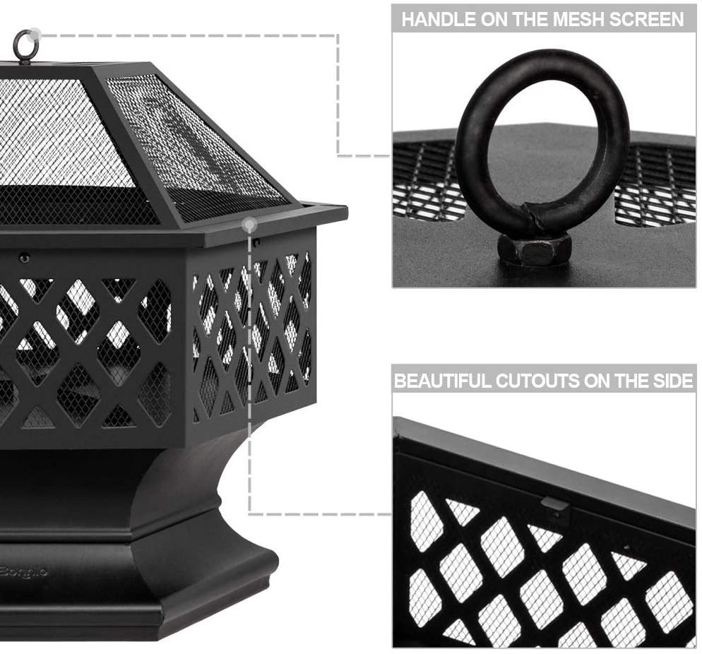 Hexagon Shape Fire Pit 26in 28in 30in for outdoor, garden, backyard, poolside w/flame-retardant mesh warmer mail order packaging