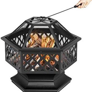 Hexagon Shape Fire Pit 26in 28in 30in for outdoor, garden, backyard, poolside w/flame-retardant mesh warmer mail order packaging