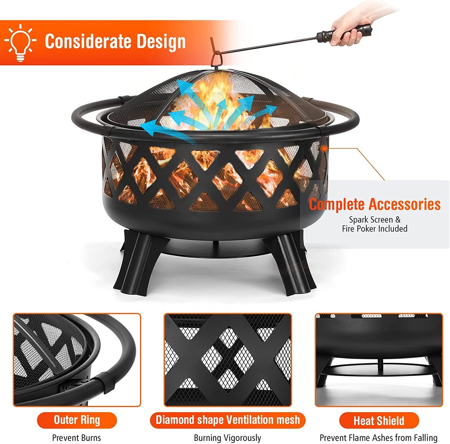 2 in 1 Fire Pit with Cooking Grate 30'' Wood Burning Firepit Outdoor Fire Pits Steel Patio Fire Bowl Outside Swivel BBQ Grill