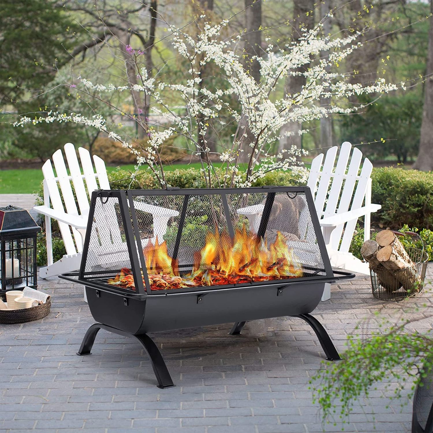 Patio Fire Pit with Steel Grill, 36 Inch Large Wood Burning Firepit for Outside Cooking BBQ Grill Grate, Fireplace 36in