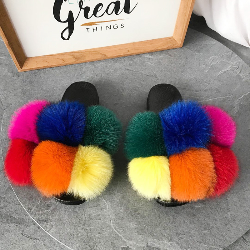 Kids Fluffy Women Furry Shoes Custom Big Pom Pom Slides Real Fox Fur Ball Slippers