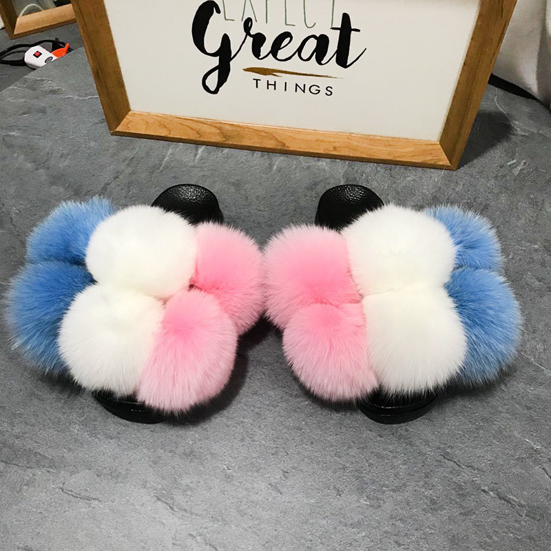 Kids Fluffy Women Furry Shoes Custom Big Pom Pom Slides Real Fox Fur Ball Slippers