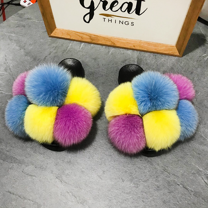 Kids Fluffy Women Furry Shoes Custom Big Pom Pom Slides Real Fox Fur Ball Slippers