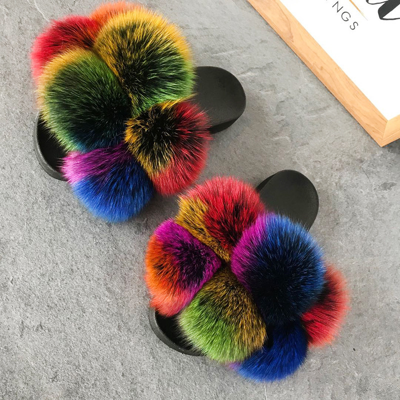 Kids Fluffy Women Furry Shoes Custom Big Pom Pom Slides Real Fox Fur Ball Slippers