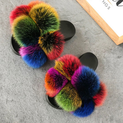 Kids Fluffy Women Furry Shoes Custom Big Pom Pom Slides Real Fox Fur Ball Slippers BestSuppliers