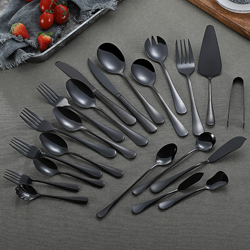 Bulk Black Stainless Steel Cutlery Salad Spoon And Fork Shiny Black Serving Flatware Set Wedding