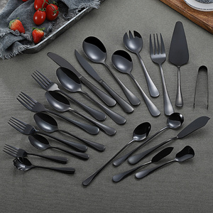 Bulk Black Stainless Steel Cutlery Salad Spoon And Fork Shiny Black Serving Flatware Set Wedding